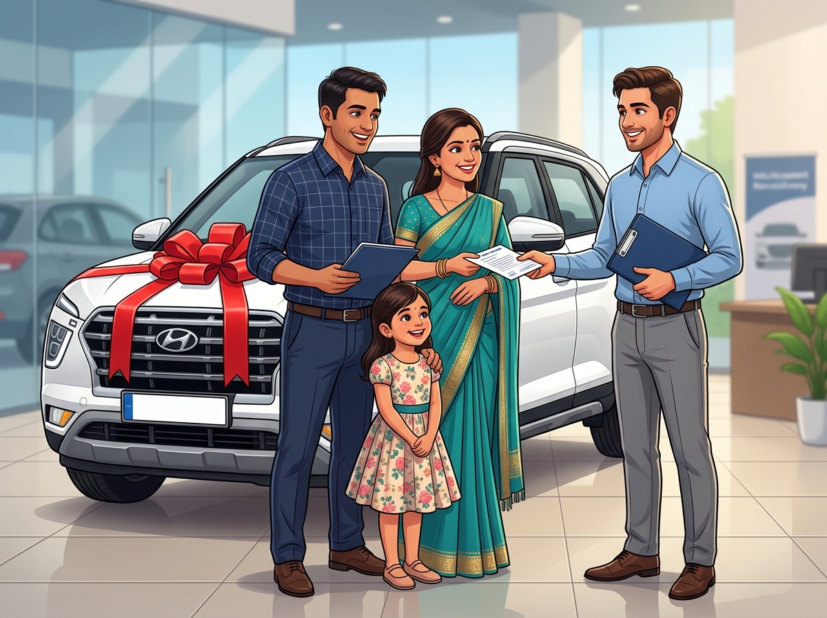 Indian family celebrating new vehicle purchase with RTO document support